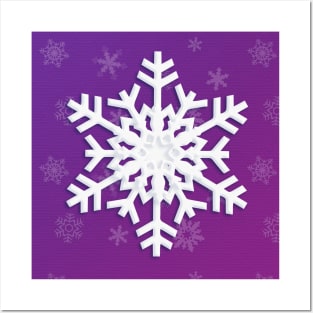 Snowflake Winter Holiday Christmas Decoration. White Snowflake on purple background. Posters and Art